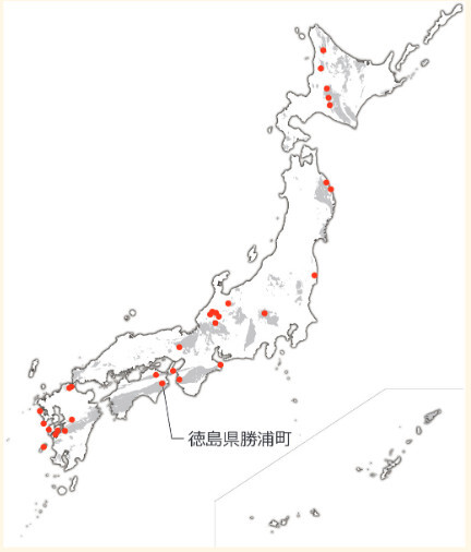 図1 日本に分布する中生代の堆積岩（灰色）と恐竜の骨化石産地（赤点）（柴田ほか，2017を一部改変）