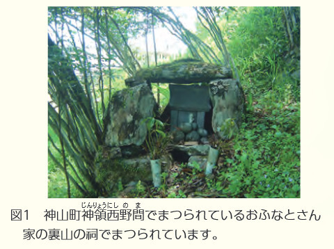 図1 神山町神領（じんりょう）西野間でまつられているおふなとさん 家の裏山の祠でまつられています。