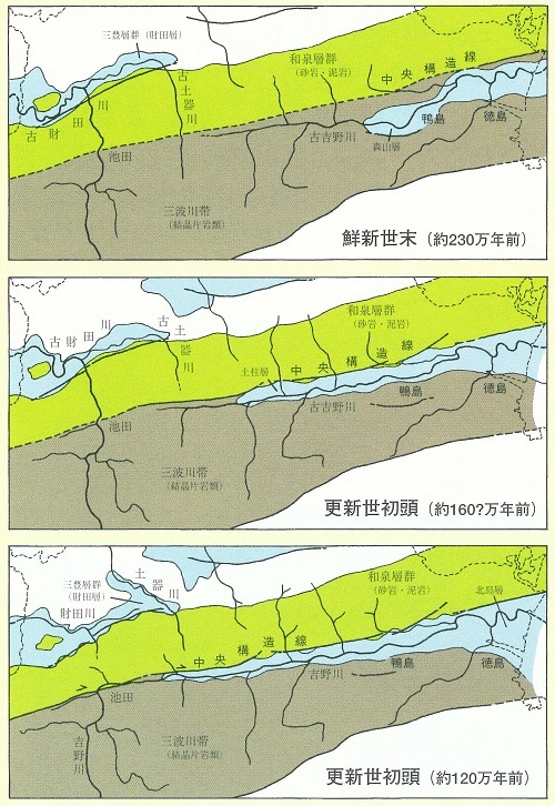 図 1 吉野川平野周辺の水系の変遷（植木・ 満塩， 1998ほかに基づき作図）。
