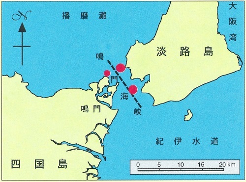 図2 鴫門海峡の位置と化石産出地点（赤い丸印）