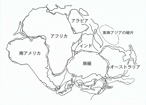 図3分裂前（古生代末）のゴンドワナ大陸復元図（M.E.White,1990にもとづく）