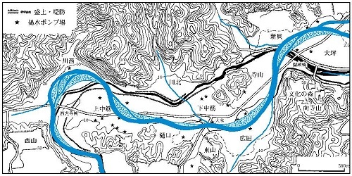 図4：上八万盆地の地形と推定される園瀬川の古流路。揚水ポンプ場の位置は徳島市発行「2,500分の1徳島市全図」に よる。実際には小規模のものを含めるともっと多くの揚水ポンプ場がある。
