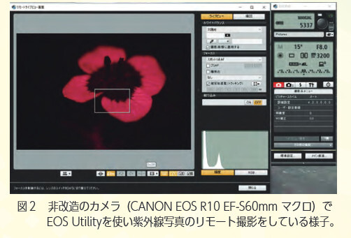図2 非改造のカメラ（CANON EOS R10 EF-S60mm マクロ）でEOS Utilityを使い紫外線写真のリモート撮影をしている様子。