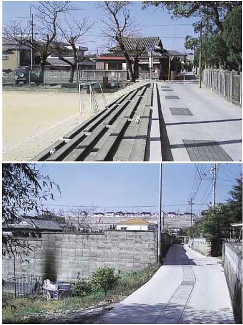 図 2 板野東小学校グラウンド北側を通る道路と低断層崖。道路を境に左側（南側）が右側（北側IJ)に対して 1.5～2m落下している 。