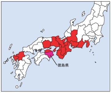 図2カワパタモロコの生息する県の分布。すべての生息県において県版レッドリストに掲載されている 。