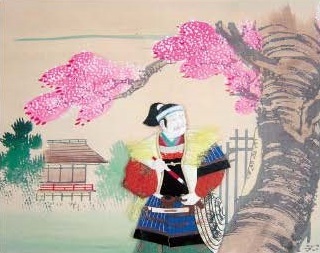 図 2 児島高徳が描かれた部分。筆を持ち，桜の幹に詩を書いている様子がわかります。