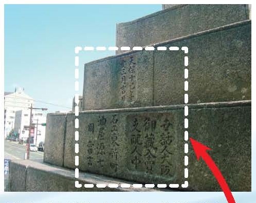 写真 2 徳島市勢見町金比羅神社の常夜燈の側面。天保十己亥年（1839）三月吉日」、「世話人 大阪御蔵入売支配人中」、「石工 東新町 油屋源七 同常吉」の文字が見え，常夜燈が建立された時期，常夜燈を寄進した藍商人仲間，建立にたずさわった石工が推察されます。