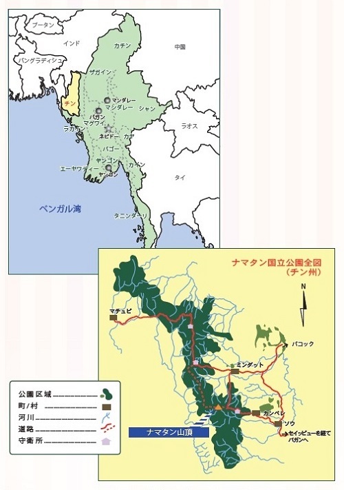 図 1 ミャンマーおよびナマタン山の地図。ナマタン山はチン州にある。（原図提供：高知県立牧野植物園）