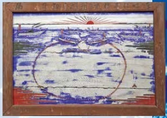 イワシまき網漁図絵馬 明治 32 年朝鮮近海へ出漁した漁師たちによって奉納された（佐田神社蔵）