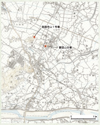 図1 能路寺山1号墳・観音山古墳の位置( 国土地理院 2 万 5000 分の 1 地形図「立江」・「阿波富岡」をもとに作成 )