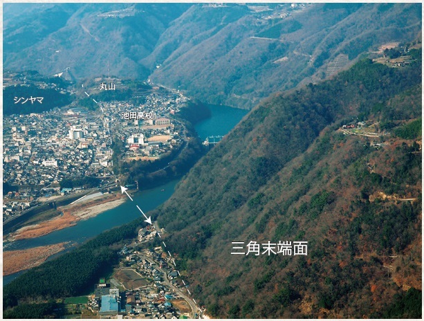 図1 東から見た池田地区（消防防災ヘリで撮影）。池田断層（矢印）に沿って、低断層崖（市街地の崖）と三角末端面（断層によって切り取られた尾根の断面）が見られる。