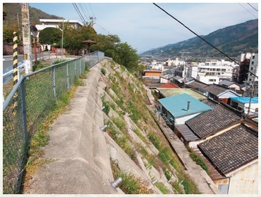 図2 池田高校の高台からみた市街地と低断層崖