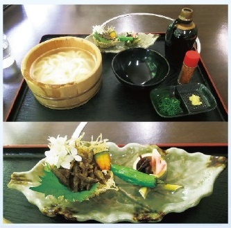 図2 じんそくの出汁が使われているたらいうどん(上)とじんそくのから揚げ（下）