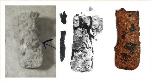 図 1 保存処理された鉄製の斧（古墳時代 徳島市泉谷古境出土） 左： 1962年、出土直後の様子 中： 1980年頃の破損した状態右：保存処理で、脱塩処理と破場部分 の補強を行った状態 .処理後40年程鼠径週していますが、腐食は進んでいません。