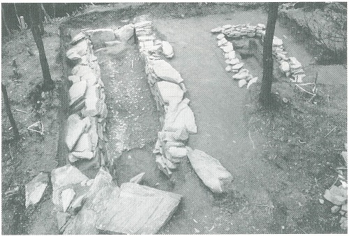図2 曽我氏神社1号境の石室。円墳中央に2つの竪穴式石室が並ぶ。いずれも東枕の埋葬。（図1のNo.10を参照）