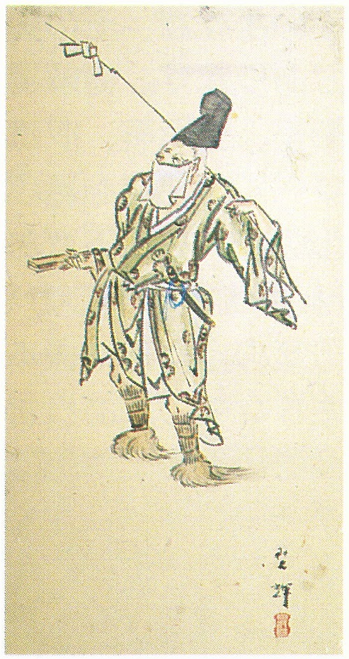 守住貫魚筆 十二カ月屏風のうち懸想文売り 懸想文売りは、近世京都で祇園社の犬神人が行っていた。犬神人には被差別民が編成されていた。（当館蔵）