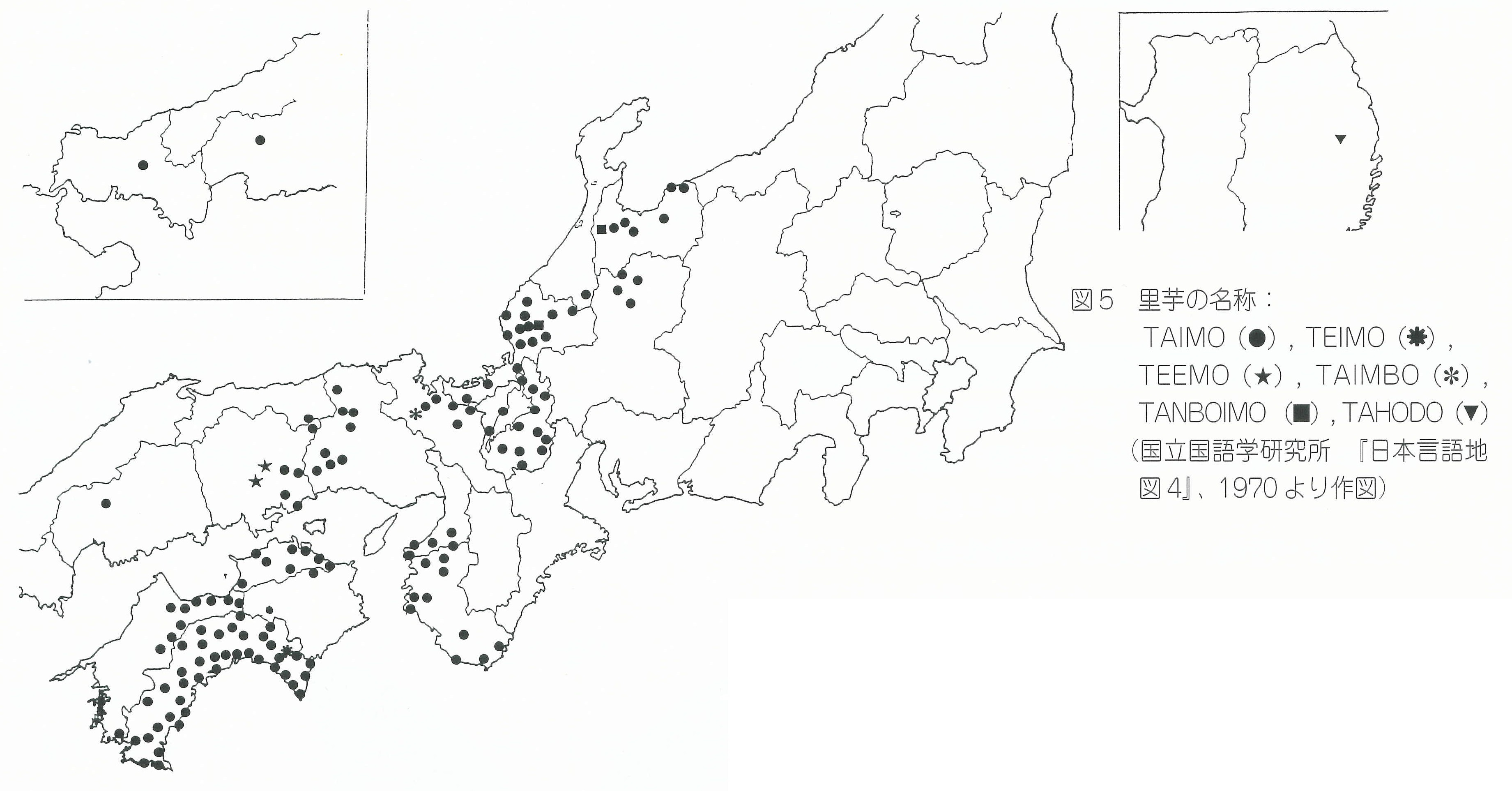 図5 里芋の名称を新たした地図 TAIMO （●），丁目MO（帯）， TEEMO (*), TAIMBO (•I•), TANBαMO （国）,T AHCC8 (T) （園立国語学研究所f日本言語地 図4J、19'70より作図）