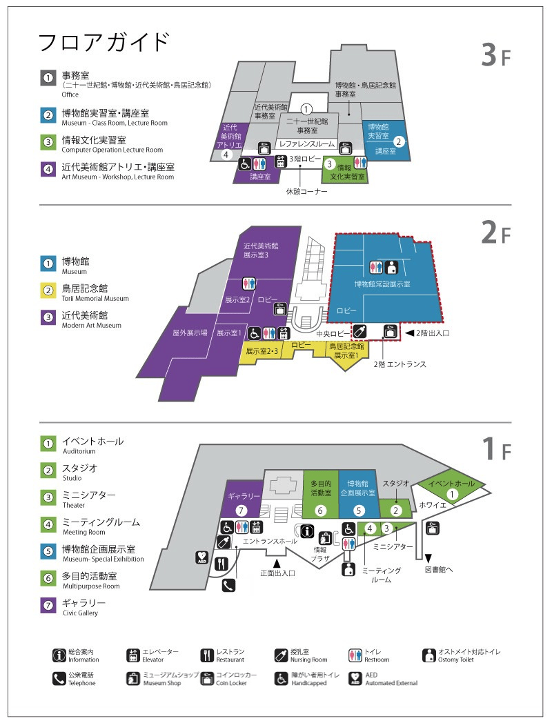 博物館・鳥居龍蔵記念博物館・近代美術館・二十一世紀館のフロアガイド