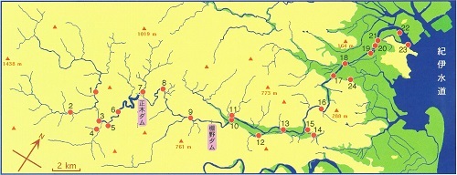 図 1 勝浦川水系と調査地点。正木ダムと棚野ダムとの閏（地点7～9）が減水区間。
