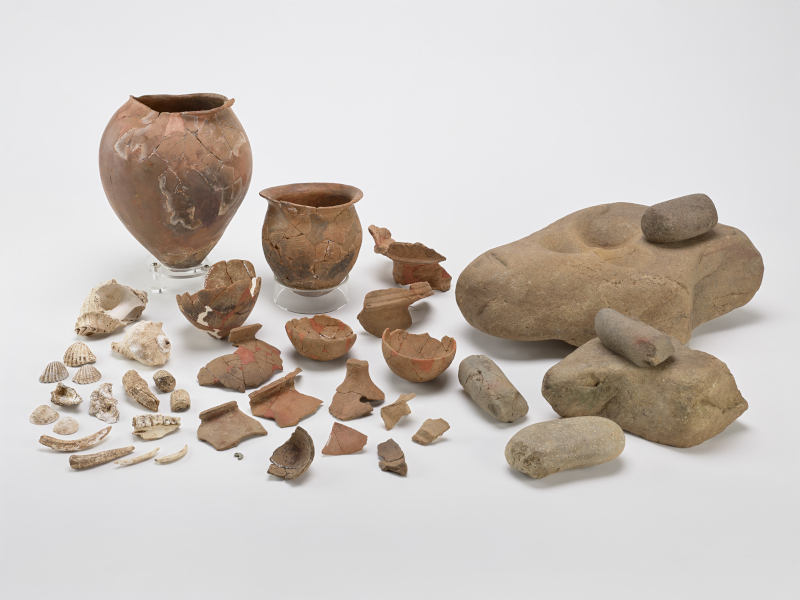 若杉山辰砂採掘遺跡から出土した石器、土器、勾玉、動物遺体など。これらのうち、石杵や石臼が重要文化財に指定されることになりました。