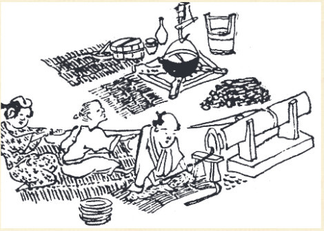 図１ 木地師の作業風景 『茂山日記』（太田豊年著、享和元年（1801））からの描き起こしです。 家族での作業で、女性2人が綱を引いて轆轤の軸をまわし、男性が棒状のカンナで盆を削っています。