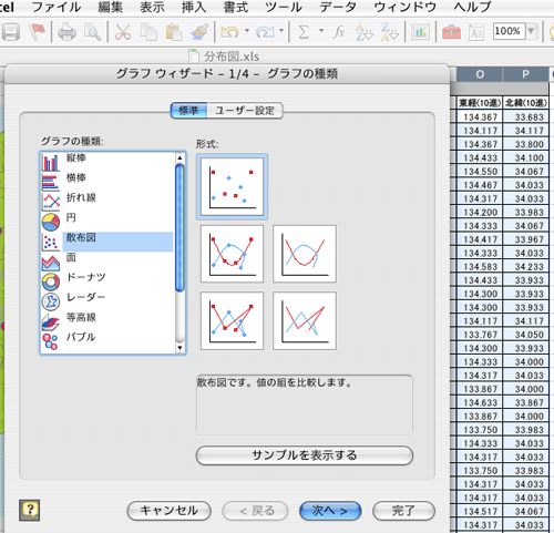 エクセルで分布図を描く